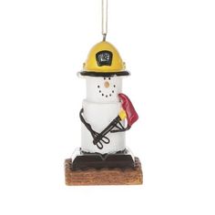 a christmas ornament with a fireman on it's head and helmet