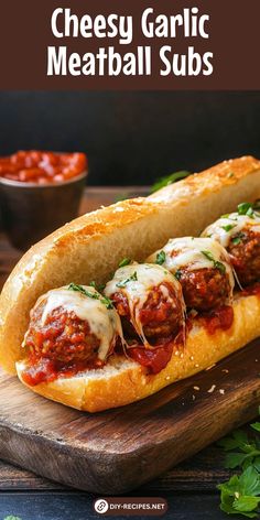 a meatball sub on a wooden cutting board with sauce and parsley in the background