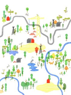 an illustrated map with trees and buildings on the land, including water, power lines, telephone poles, and other things