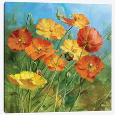 an oil painting on canvas of red poppies