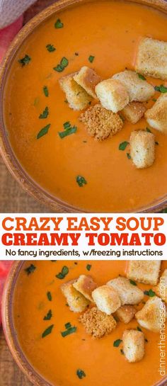 two bowls of creamy tomato soup with croutons and parmesan bread on top