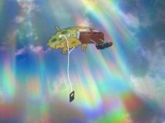 a kite flying in the sky with a dog attached to it's tail and rainbow colored clouds