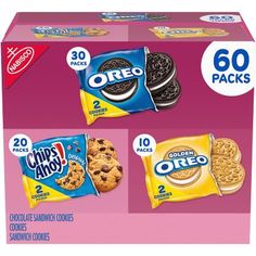 three boxes of cookies and two packs of chips aho's oreo cookies