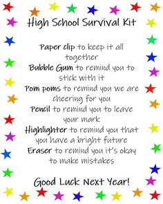 a poem written on paper with stars around it and the words high school survival kit