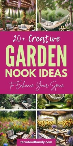 garden nook ideas with text overlaying the top 10 creative garden nooks to enhance your space