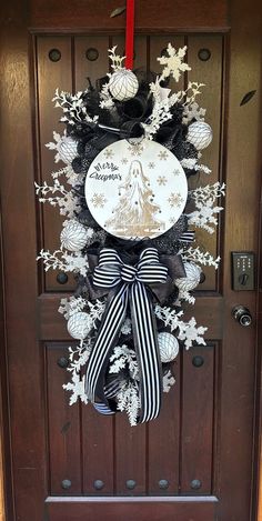 a door decorated with black and white decorations