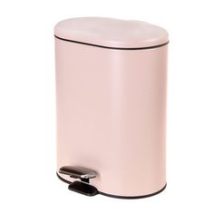 a pink trash can on a white background with a black lid and two metal handles