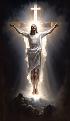 jesus on the cross with his arms spread wide open, surrounded by clouds and sunbeams