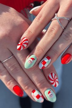 peppermint nails, santa nails, elf nails, red and green christmas nails, xmas nail ideas, cute christmas nail ideas Nails Santa Hat, Santa Hat Nails, Neutral Nail Color, Checkered Nails, Christmas Nail Ideas, Santa Nails, I Love Christmas, January Nails, Cute Christmas Nails