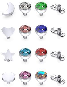 a collection of different colored glass knobs with metal handles and clips on white background