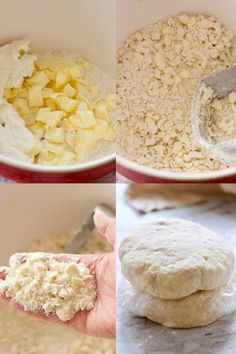 four pictures showing how to make homemade biscuits