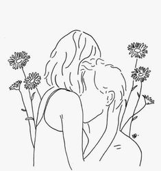 a black and white drawing of two people kissing in front of some wildflowers