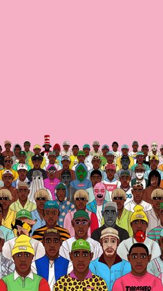 a large group of people standing together in front of a pink background with an image of the same person