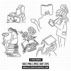 a black and white line drawing of people reading books with flowers in the foreground