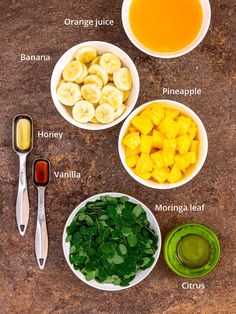 the ingredients to make this smoothie include bananas, pineapple, banana juice, honey, and vanilla