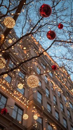 christmas lights are hanging from the branches of a tree in front of a large building