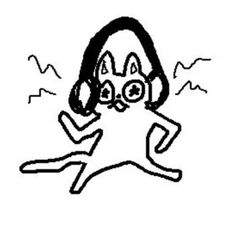 a black and white drawing of a girl with headphones on her ears, running