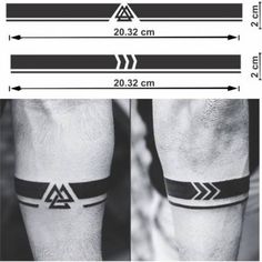 a black and white photo shows the measurements of a man's leg with an arrow tattoo