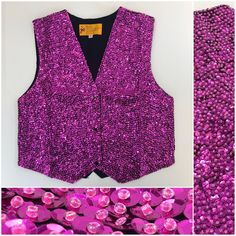 The Fuchsia Sequin Vest is handmade, and made before 2000. The front of the vest is covered with high quality sequins and the back is a 100% black polyester. Glitter Vest, Ursula Costume, Chappel Roan, Sequin Vest, Pink Sequin, Vest Dress, Clothing Items, Sleeveless Top, Gender Neutral