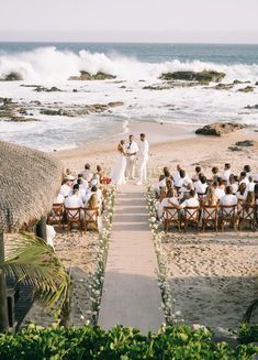 a couple getting married on the beach with their wedding party in front of an ocean view