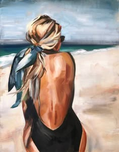 a painting of a woman in a black swimsuit sitting on the beach looking out at the ocean