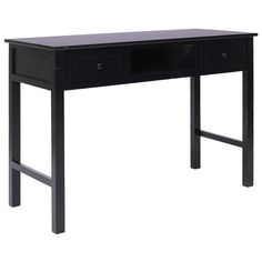 a black desk with two drawers on one side and an open drawer on the other