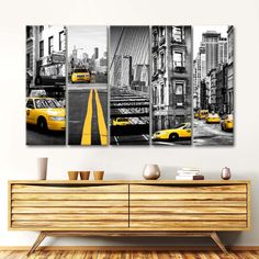 three yellow taxi cabs are parked on the street in new york city, usa