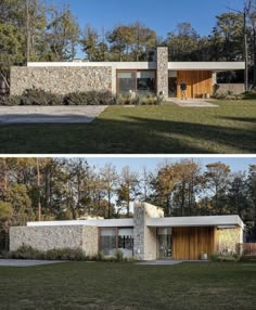 two pictures of the outside of a house with stone walls and wood shutters on each side