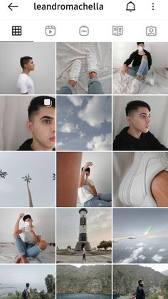 a collage of photos with the same person in different places, including trees and clouds