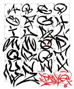 some type of graffiti written in red and black ink on a white paper with the word,