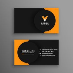 two black and yellow business cards with the letter v on them, one has an orange circle