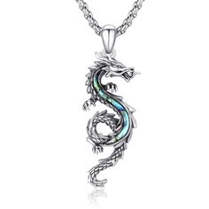 PRICES MAY VARY. Dragon Necklace: The dragon is one of the most powerful totems, full of mystery and appearing in many legends and folklore throughout history. It usually signifies strength, courage and perseverance. The dragon is also a symbol of protection Material: 925 sterling silver dragon pendant with abalone shell inlay, chain is made of stainless steel. No harmful ingredients, no nickel, no lead, no cadmium, skin friendly and healthy Appropriate Size: Dragon pendant size is：35+15mm / 1.3 Sterling Silver Locket Necklace, Silver Dragon Necklace, Pentagram Pendant, Dragon Necklace, Long Silver Necklace, Mens Silver Necklace, Moon Pendant Necklace, Dragon Jewelry, Silver Dragon