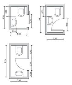 three different views of a bathroom with measurements for the toilet, sink and bathtub