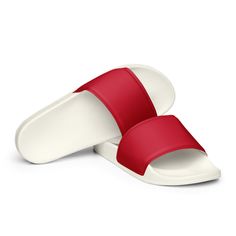 WOMEN'S RED SLIDES WITH WHITE SOLES ARE GREAT FOR THE POOL AND BEACH, OR EVEN AS CHRISTMAS SLIPPERS. Sizes are US women's. Please choose correctly. The size conversion chart is between the photos. A must-have for the summer: these red women's slides. A pair of these will keep you comfy throughout your day of beach or pool activities, thanks to the cushioned upper strap and the textured footbed.  * Cushioned and durable faux leather upper strap * Lightweight polyurethane (PU) outsole * Contoured, Comfortable Red Slippers With Rubber Sole, Red Slip-on Slippers With Rubber Sole, Red Flat Slippers With Cushioned Footbed, White Casual Sandals With Red Sole, Red Cushioned Flat Slippers, Casual White Sandals With Red Sole, Red Synthetic Slippers, Casual Red Slides With Cushioned Footbed, White Open Toe Slippers With Rubber Sole