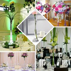 a collage of photos with flowers in vases and centerpieces on tables