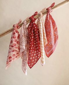 several different colored bandanas hanging from a clothes line on a twig hanger