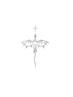 a black and white drawing of a bat flying in the sky with a cross above it