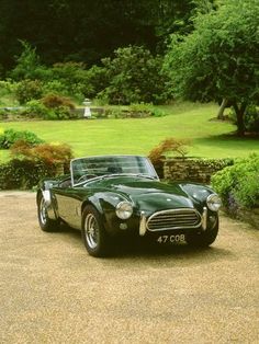 an old fashioned sports car parked in front of a garden with trees and shrubbery