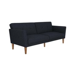 a gray couch with wooden legs on a white background