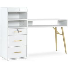 a white desk with gold handles and drawers