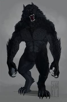 a drawing of a black monster with claws and fangs on it's face, standing in front of a gray background