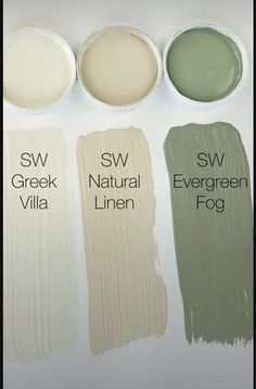 four different shades of paint with the words sw, green, neutral and evergreen fog