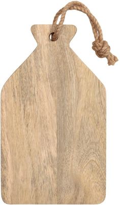 a wooden cutting board with a rope on the end and a tag attached to it