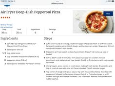 the recipe for air fryer deep - dish pepperoni pizza is shown in an email form