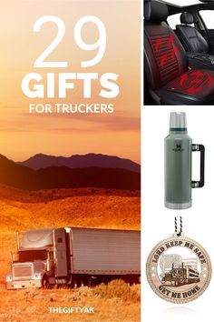 two gifts for truckers are on display in the desert with mountains and sunsets