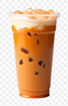 an iced drink in a plastic cup with ice and caramel on the rim, transparent background