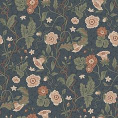 a wallpaper with flowers and vines on the back ground in blue, green, brown and beige colors