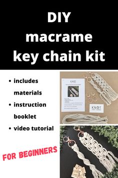 the instructions to make macrame key chain kit for beginners are shown in black and white