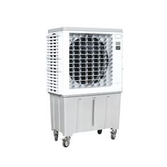 a white air cooler sitting on top of a dolly