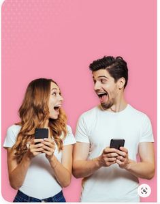 man and woman laughing while looking at their cell phones in front of pink background with text that reads, what do you think?